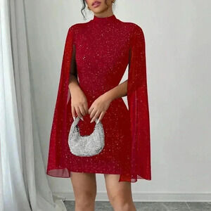 Red Party Women's Fitted Short Casual Mock Neck Flared Sleeve Bodycon Dress